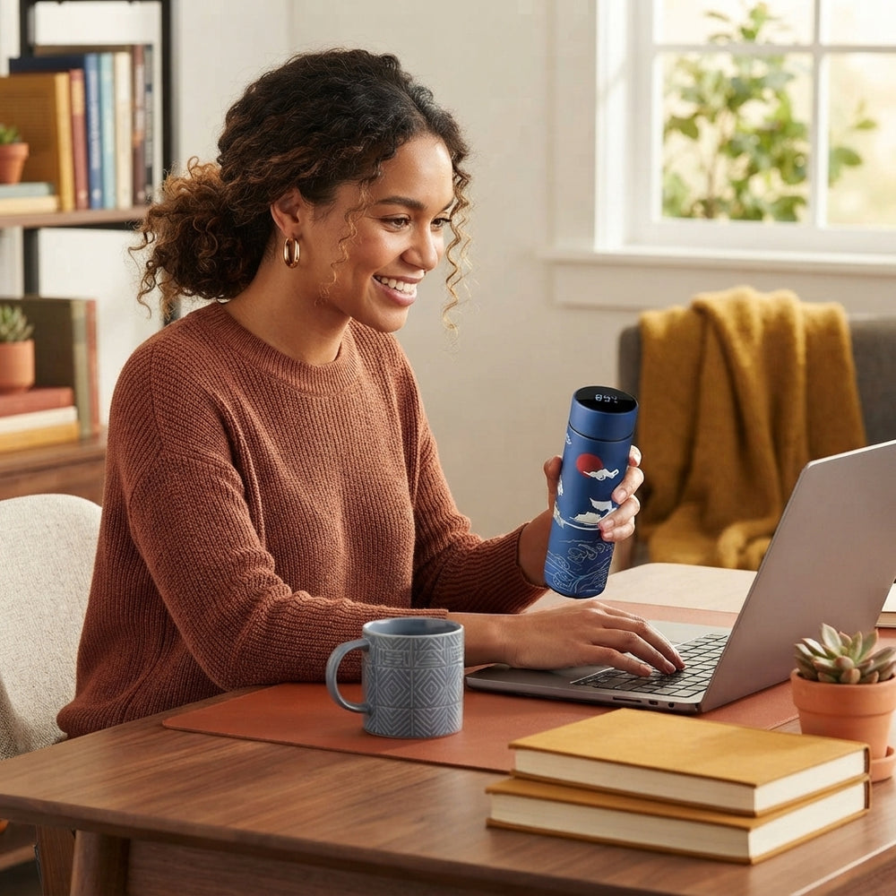 A person holding a stainless steel smart flask with a digital temperature display while working at a desk with warm-toned off