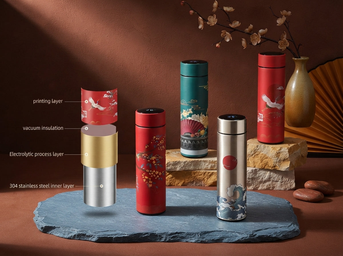Retro smart stainless steel flask with digital temperature display on a stone surface with elegant decor.
